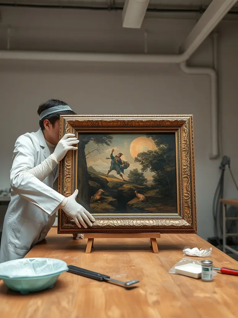 A photograph of Monticelli's painting being carefully prepared for loan to another institution.