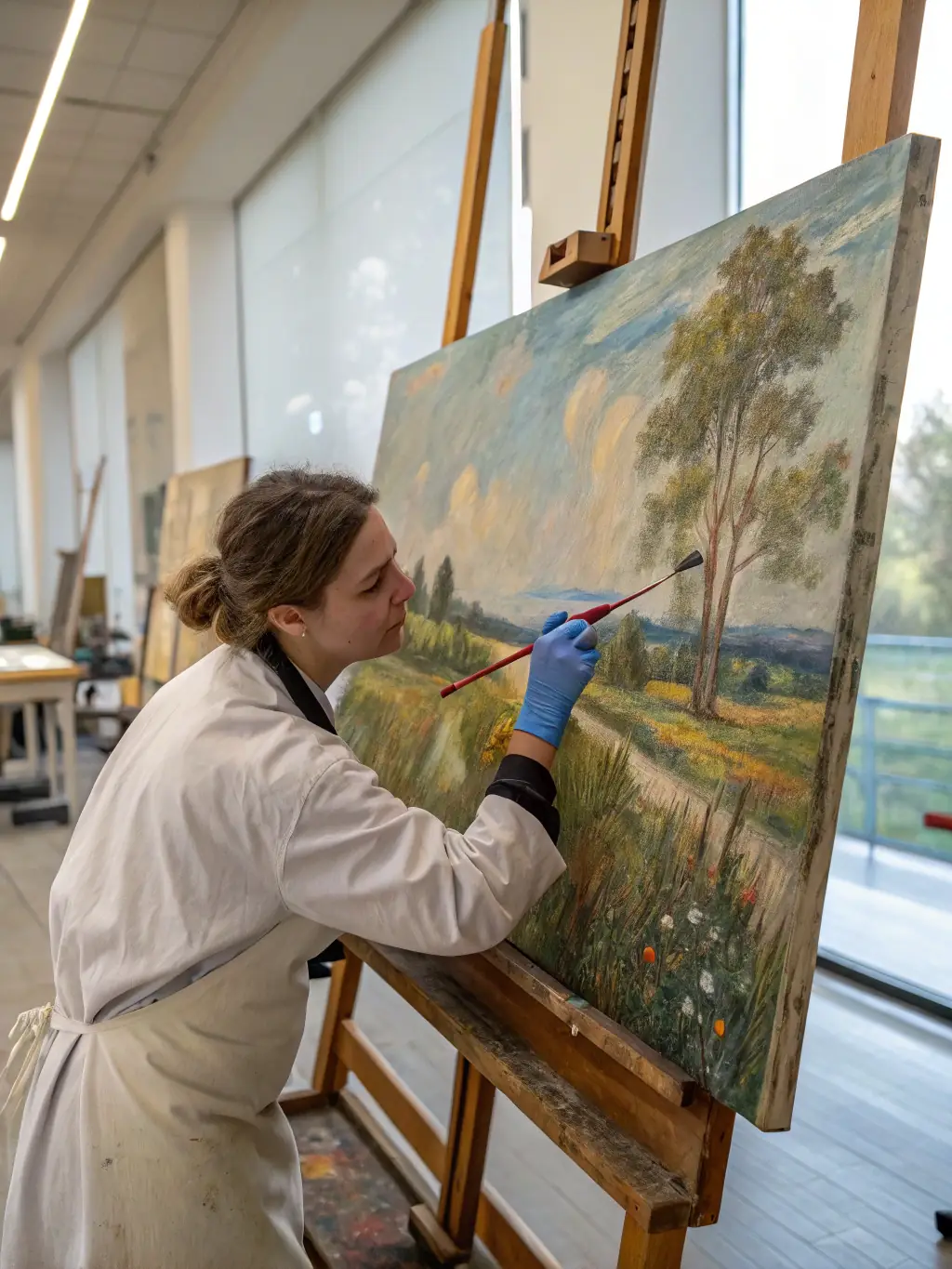 A photograph of a restoration expert working on a Monticelli painting, highlighting the care taken to preserve his legacy.