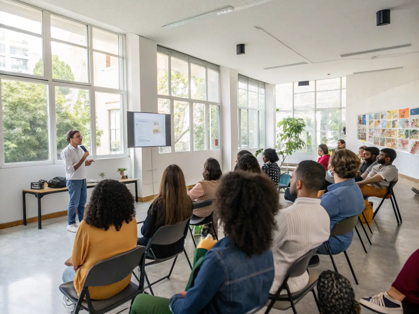 A photograph of an educational workshop or lecture about Monticelli's life and art, with participants actively engaged in learning.