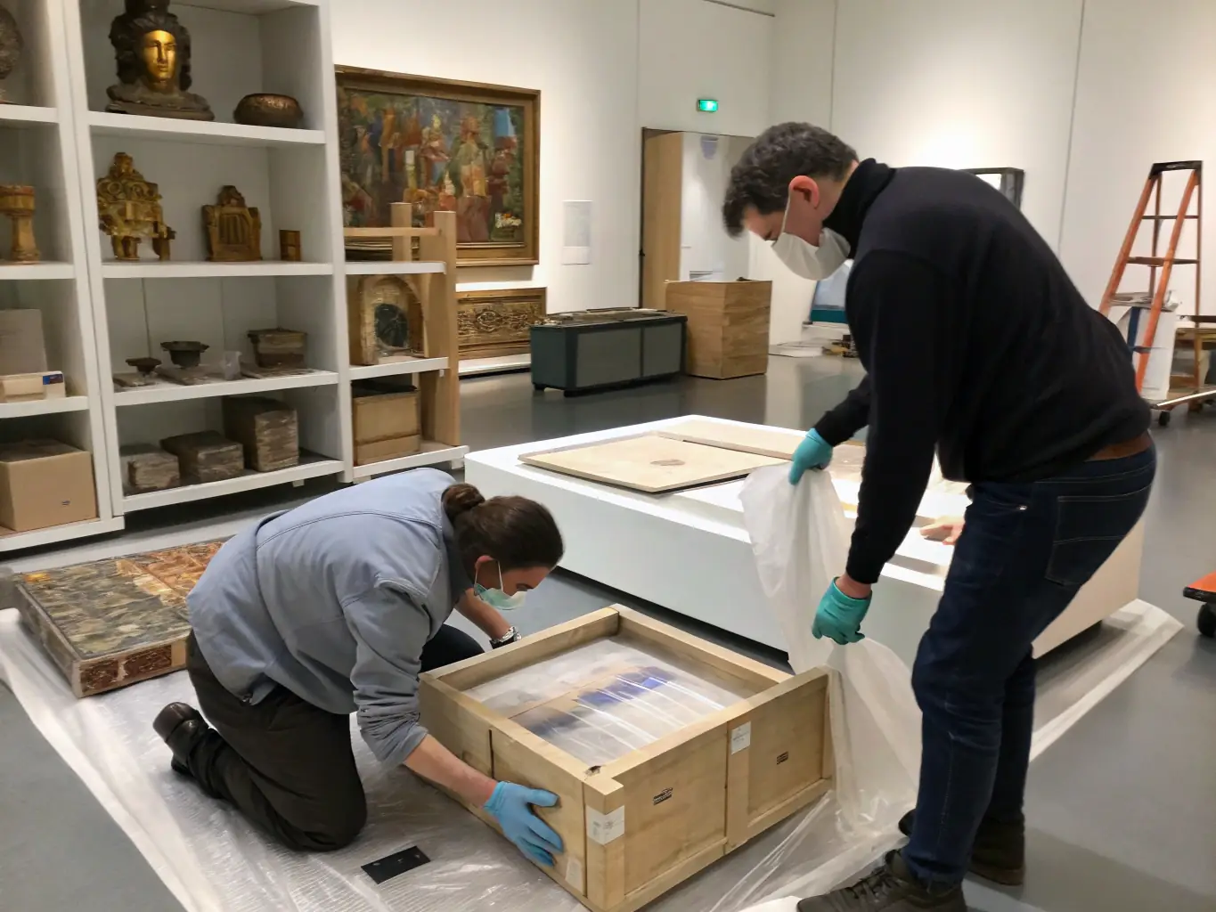 A photograph of Monticelli's artwork being carefully packed and prepared for loan to another institution, emphasizing the care and security involved.